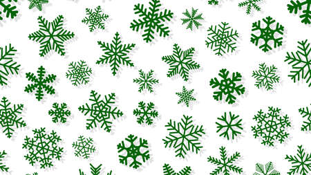 Christmas background of snowflakes of different shapes and sizes with shadows. Green on whiteのイラスト素材