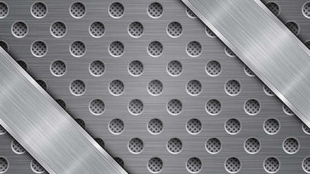 Background in gray colors, consisting of a metallic perforated surface with holes and a polished plate with metal texture, glares and shiny edgesのイラスト素材