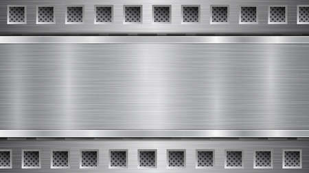 Background in gray colors, consisting of a metallic perforated surface with holes and a polished plate with metal texture, glares and shiny edgesのイラスト素材