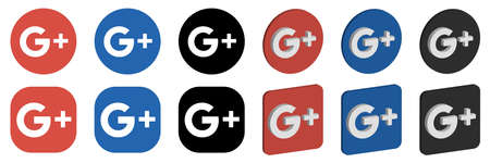 VORONEZH, RUSSIA - JANUARY 16, 2020: Set of Google Plus logo round and square, flat and isometric icons in orange, blue and black colorsのeditorial素材
