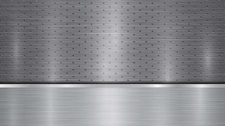 Background in silver and gray colors, consisting of a perforated metallic surface with holes and one horizontal polished plate located below, with a metal texture, glares and shiny edgesのイラスト素材
