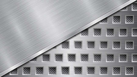 Background in silver and gray colors, consisting of a perforated metallic surface with holes and one big polished plate located in diagonal, with a metal texture, glares and shiny edgeのイラスト素材