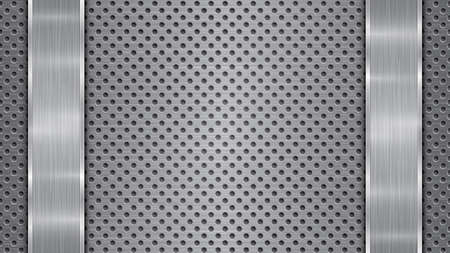 Background in silver and gray colors, consisting of a perforated metallic surface with holes and two vertical polished plates located left and right, with a metal texture, glares and shiny edgesのイラスト素材