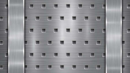 Background in silver and gray colors, consisting of a perforated metallic surface with holes and two vertical polished plates located left and right, with a metal texture, glares and shiny edgesのイラスト素材