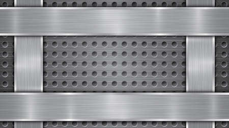 Background in silver and gray colors, consisting of a perforated metallic surface with holes and vertical and horizontal polished plates located on four sides, with a metal texture and shiny edgesのイラスト素材