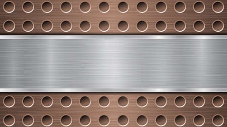 Background of bronze perforated metallic surface with holes and horizontal silver polished plate with a metal texture, glares and shiny edgesのイラスト素材