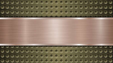 Background of golden perforated metallic surface with holes and horizontal bronze polished plate with a metal texture, glares and shiny edgesのイラスト素材