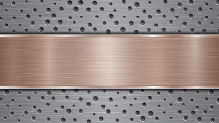 Background of silver perforated metallic surface with holes and horizontal bronze polished plate with a metal texture, glares and shiny edgesのイラスト素材