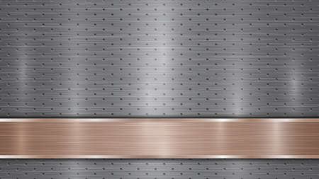 Background of silver perforated metallic surface with holes and horizontal bronze polished plate with a metal texture, glares and shiny edgesのイラスト素材