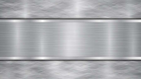 Background in silver and gray colors, consisting of a shiny metallic surface and one horizontal polished plate located centrally, with a metal texture, glares and burnished edgesのイラスト素材