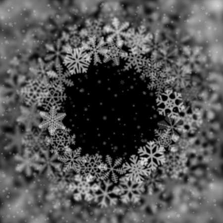 Christmas background of snowflakes of different shape, blur and transparency, arranged in a circle, on black backgroundの写真素材