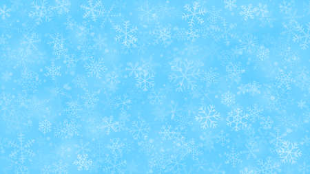 Christmas background of snowflakes of different shapes, sizes and transparency in light blue colors