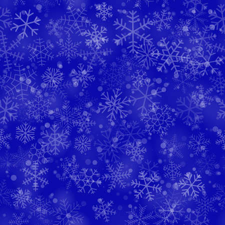Christmas seamless pattern of snowflakes of different shapes, sizes, and transparency, on blue...