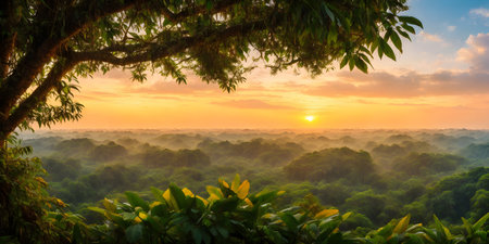 Wallpaper with a tropical landscape at sunset. Jungle with mountains, palms, trees and other wild...