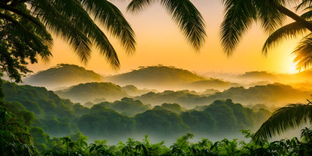 Wallpaper with a tropical landscape at sunset. Jungle with mountains, palms, trees and other wild...