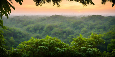 Wallpaper with a tropical landscape at sunrise. Jungle with mountains, palms, trees and other wild plants. Sky with clouds and rising sun. rainforest illustration. background with pristine nature.の写真素材