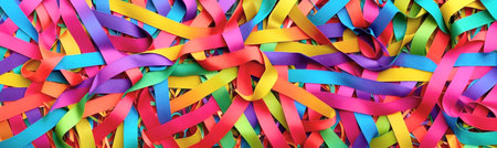 Abstract background of intertwined colored silk or paper ribbons. colorful illustration. Generative AIの素材