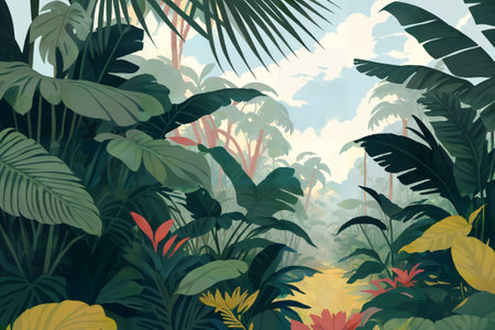 Jungle illustration. Painted beautiful tropical forest with exotic plants, palm trees, big leaves and ferns. Thicket of the rainforest. Nature drawing with green vegetation. Generative AIの素材