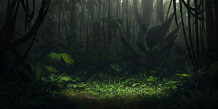 Wild jungle in the night. Scary thicket of the rainforest. Dark tropical forest with exotic plants, palm trees, big leaves and ferns. Green vegetation illuminated by moonlight. Generative AIの素材