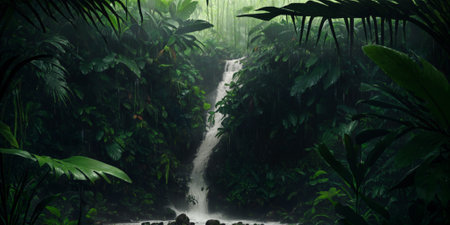 Waterfall in wild jungle. heavy rain. Dark tropical forest with exotic plants, palm trees, big leaves and ferns. Scary thicket of the rainforest. Stream of water, wet green vegetation. Generative AIの素材
