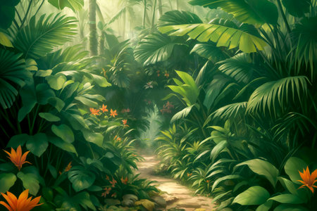 Jungle illustration on a sunny day. Beautiful tropical forest with exotic plants, flowers, palm trees, big leaves and ferns. Thicket of the rainforest. Brightly lit green vegetation. Generative AIの素材