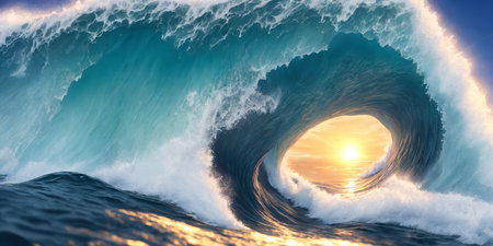 Gigant ocean wave on a sunny day. Seascape illustration with stormy sea, turquoise water, sun and blue sky. Generative AIの素材