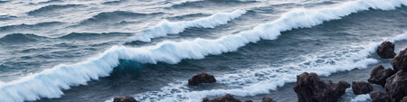 Panorama of ocean waves crashing on a rocky shore and big stones in the foreground in the water. seascape illustration. Generative AIの素材