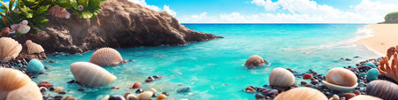Panorama of ocean beach on a sunny day with big rock and many shells. Seascape illustration with sand beach, turquoise water and sky with white clouds. Generative AIの素材