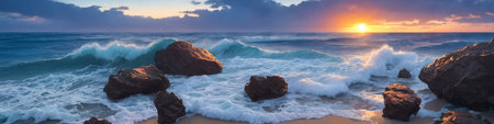 Panorama of a sunset over the ocean with waves crashing on the shore and several big stones in the water. Seascape illustration with sand beach, cloudy sky and setting sun. Generative AIの素材