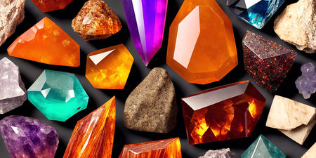 A lot of crystals and gemstones on a dark background. Natural minerals such as agate, amber, amethyst, quartz and others. A scattering of precious stones. Generative AIの素材