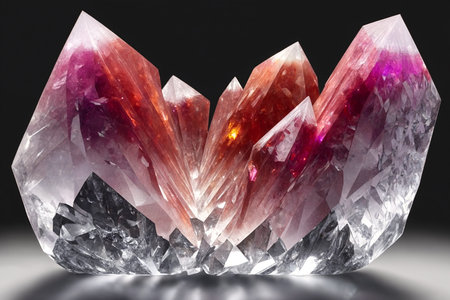 Composition of several crystals and gemstones on a black background. natural minerals. A druse of precious stones. Generative AIの素材