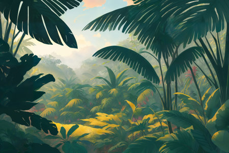 Jungle illustration. Painted beautiful tropical forest with exotic plants, palm trees, big leaves and ferns. Thicket of the rainforest. Nature drawing with green vegetation. Generative AIの素材