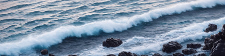 Panorama of ocean waves crashing on a rocky shore and big stones in the foreground in the water. seascape illustration. Generative AIの素材