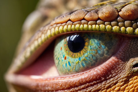 Close up lizard eye. Illustration with reptile among wild nature. Generative AIの素材