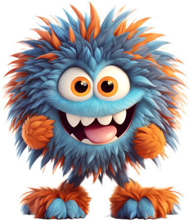 Funny shaggy furry cheerful monster with big eyes and smiling mouth with big white teeth, isolated on white background. Children's cartoon character or cute soft toy. Generative AIの素材