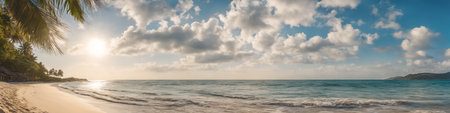 Ocean coast panorama in calm weather with small waves, blue sky, white clouds and bright sun. seascape illustration. Generative AIの素材