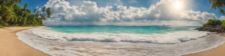 Ocean coast panorama in calm weather with small waves, blue sky, white clouds and bright sun. seascape illustration. Generative AIの素材