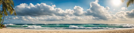 Ocean coast panorama in calm weather with small waves, blue sky, white clouds and bright sun. seascape illustration. Generative AIの素材