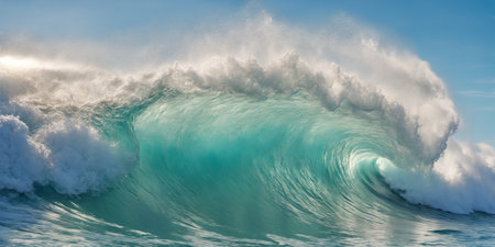 Giant ocean surf wave on a sunny day. Seascape illustration with stormy sea, turquoise water with white foam and splashes, blue sky with clouds. Generative AIの素材