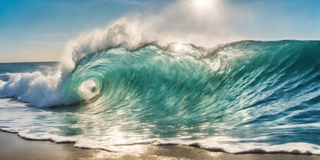 Giant ocean surf wave on a sunny day. Seascape illustration with stormy sea, turquoise water with white foam and splashes, sun and blue sky. Generative AIの素材