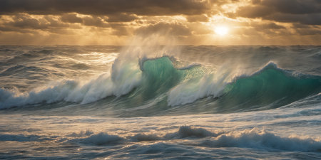 Giant ocean surf wave at sunset. Seascape illustration with evening stormy sea, turquoise water with white foam and splashes, sun and cloudy sky. Generative AIの素材