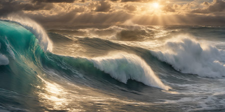 Giant ocean surf wave at sunset. Seascape illustration with evening stormy sea, turquoise water with white foam and splashes, sun and cloudy sky. Generative AIの素材