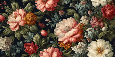 Colorful background of many large painted flowers of different types. nature illustration. Generative AIの素材