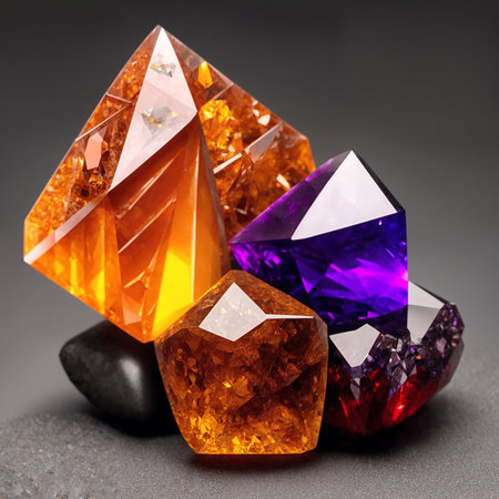 Composition of several crystals and gemstones of various colors. natural minerals. A druse of precious stones. Generative AIの素材
