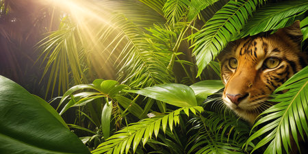 Predatory beast in the jungle on a sunny day. Beautiful tropical rainforest illustration with wild jaguar among exotic plants with big leaves. Background with pristine nature landscape. Generative AIの素材