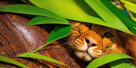 Predatory beast in the jungle on a sunny day. Beautiful tropical rainforest illustration with wild jaguar among exotic plants with big leaves. Background with pristine nature landscape. Generative AIの素材