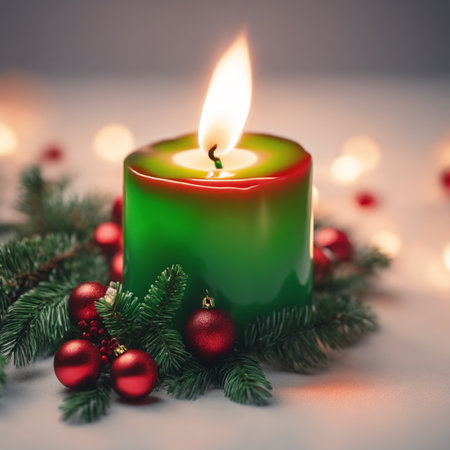 Christmas illustration with green burning candle, Christmas tree branches, red balls and other decorations. Generative AIの素材