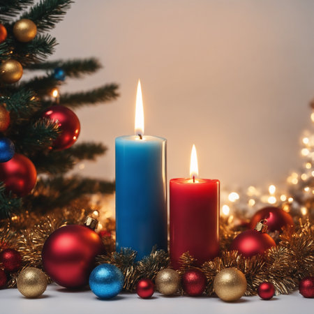 Christmas illustration with red and blue burning candles, Christmas tree branches, colored balls and other decorations. Generative AIの素材