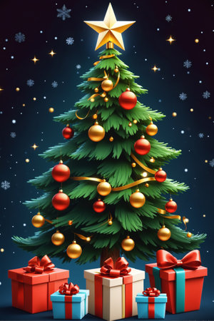 Beautiful Christmas illustration with a decorated Christmas tree and gift boxes. Generative AIの素材