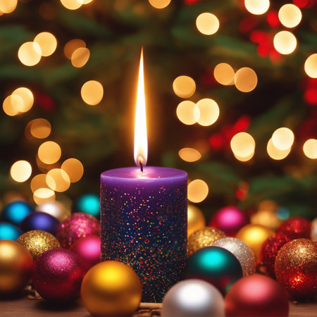 Christmas illustration with purple burning candle, colored balls and other decorations. Generative AIの素材